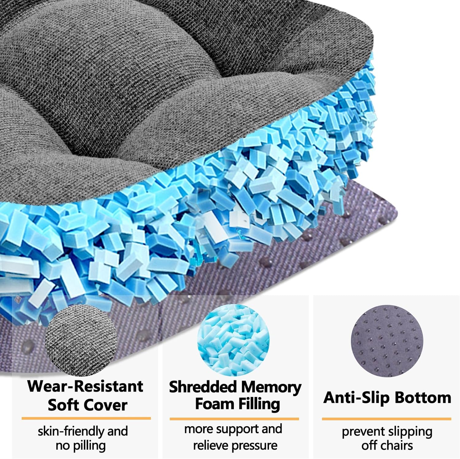 MAGIC ELEPHANT Chair Cushions for Dining Chair, Shredded Memory Foam Kitchen Chair Cushions Set of 4, Non-Slip Thick Dinning Room Chair Pads Seat Cushions, 15.5" x 15.5" x 4" (Grey)