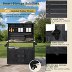 65''H Large Garden Storage Potting Bench with Lockable Wheels, Wood Outdoor Kitchen Island with Stainless Steel top, Drawers, Door Shelves and Hutch (Black-Wheels)