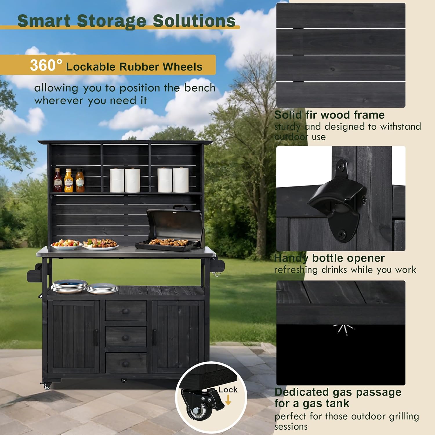 65''H Large Garden Storage Potting Bench with Lockable Wheels, Wood Outdoor Kitchen Island with Stainless Steel top, Drawers, Door Shelves and Hutch (Black-Wheels)