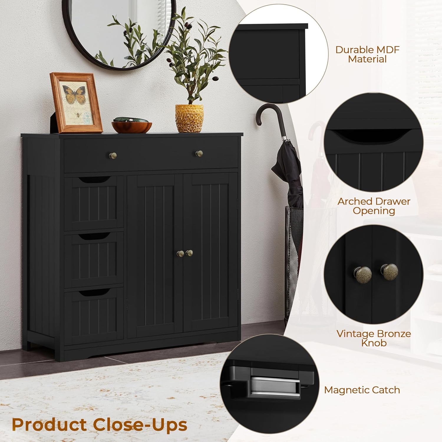 Topeakmart Storage Cabinet with 4 Drawers and 2 Doors, Adjustable Shelves, Freestanding Cabinet for Kitchen, Dining Room, Living Room, Entryway, Black