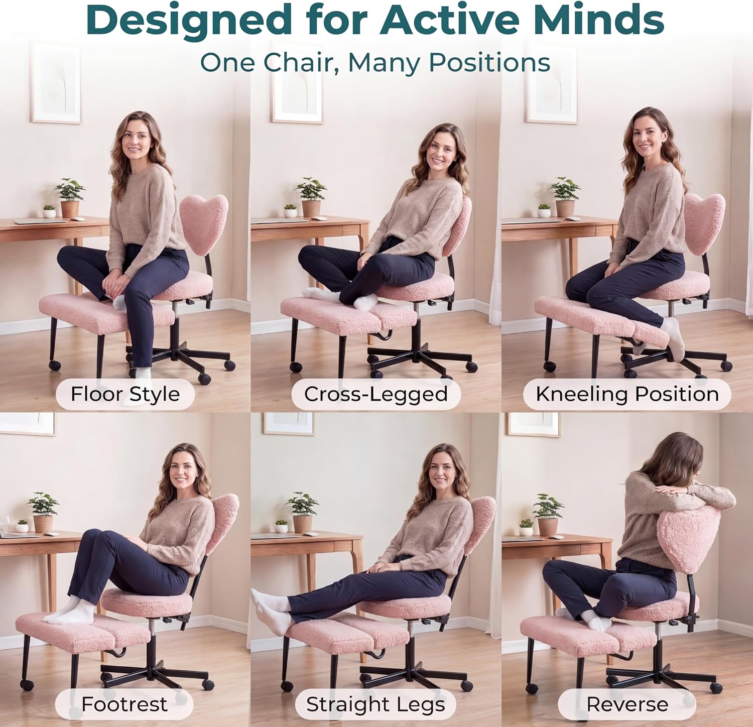 Ergonomic Cross Legged Office Chair with Foot Rest for Kneeling Seating - Crisscross Desk Chair with Wheels for ADHD to Sit Cross Legged - Multi-Position Adjustable Seat with Back Support for Women
