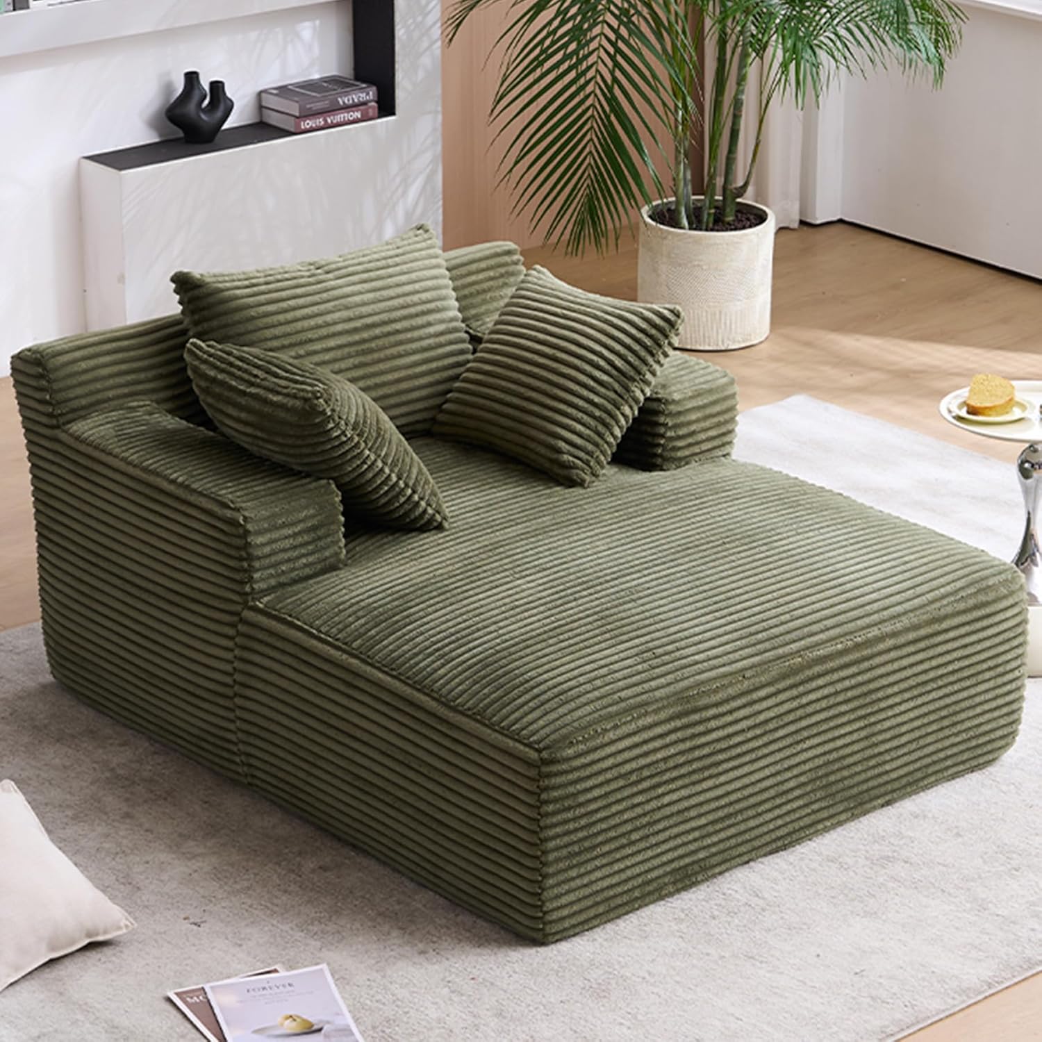 HRVEOCEI 67" Chaise Lounge Indoor, Oversized Chaise Lounge Chair with 3 Comfy Pillows for Living Room Bedroom, Wide Arms Corduroy Fabric High-Density Foam No Assembly Required (Sage Green)