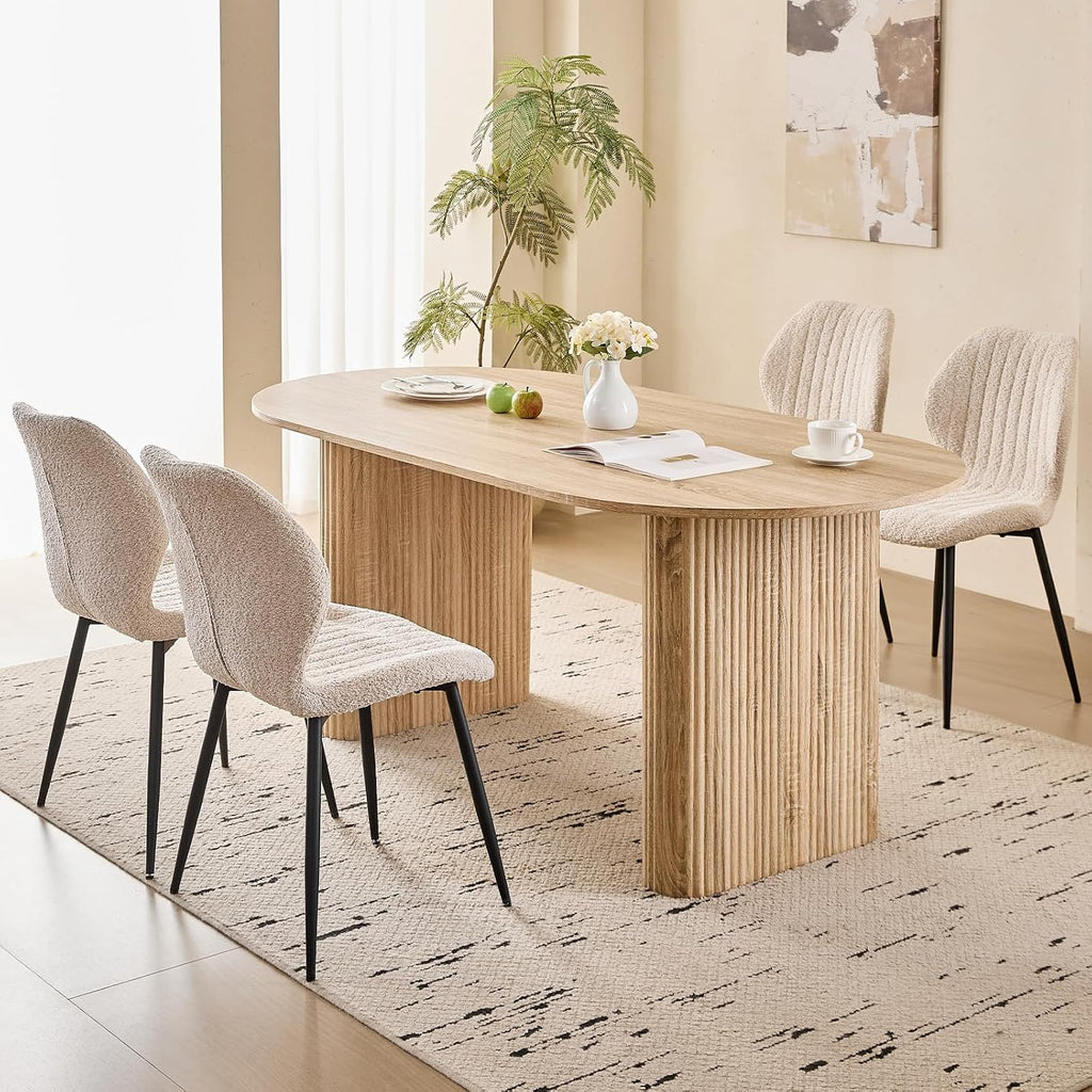 70.9" Large Dining Table Set for 4, [Rounded Edges] [Fully Assembled Table Base] Modern Wood Kitchen Dinner Table with 4 Boucle Chairs