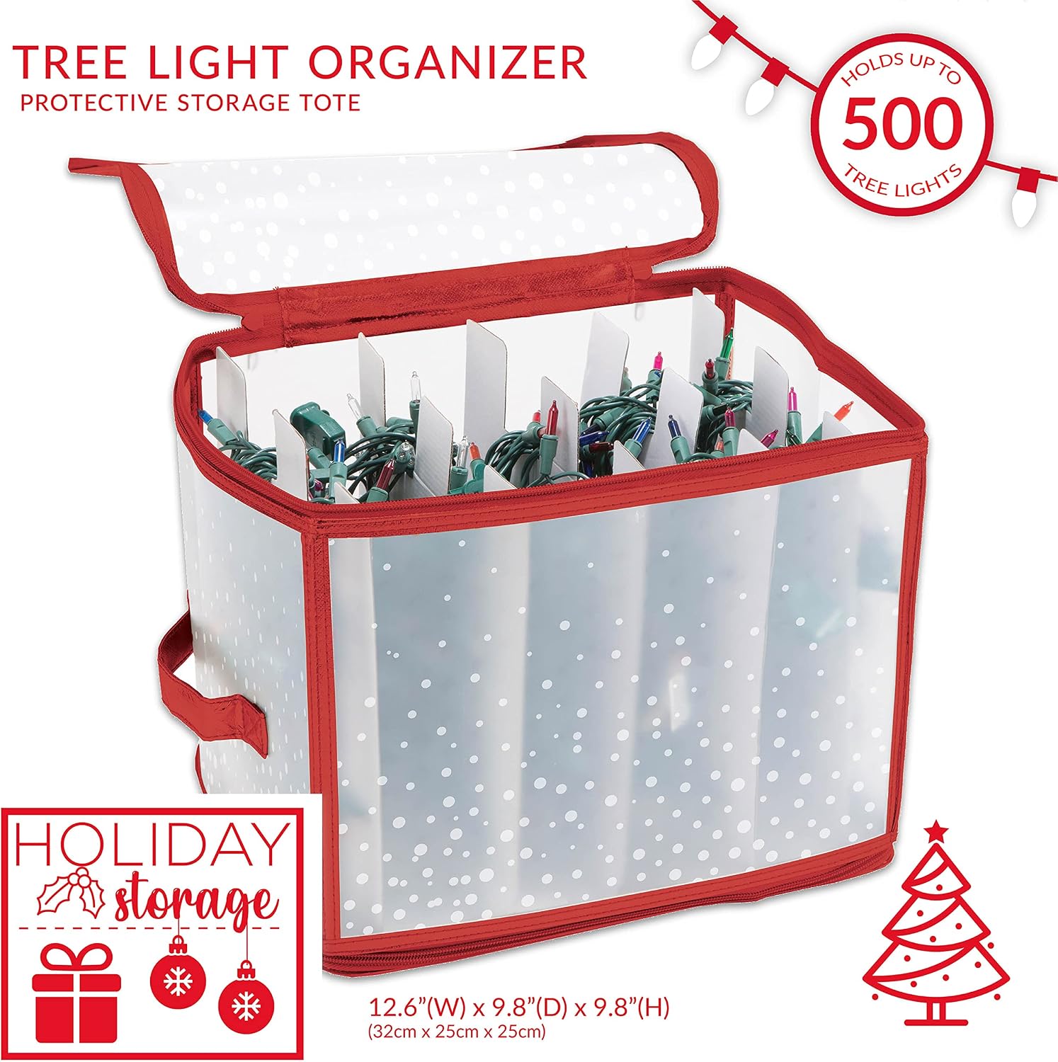 Simplify Holiday Light Organizer Box | Holds 500 Lights | Christmas Storage | Tree String Lights | 5 Divider Reels | Collapsible | Ultra Zip | Red