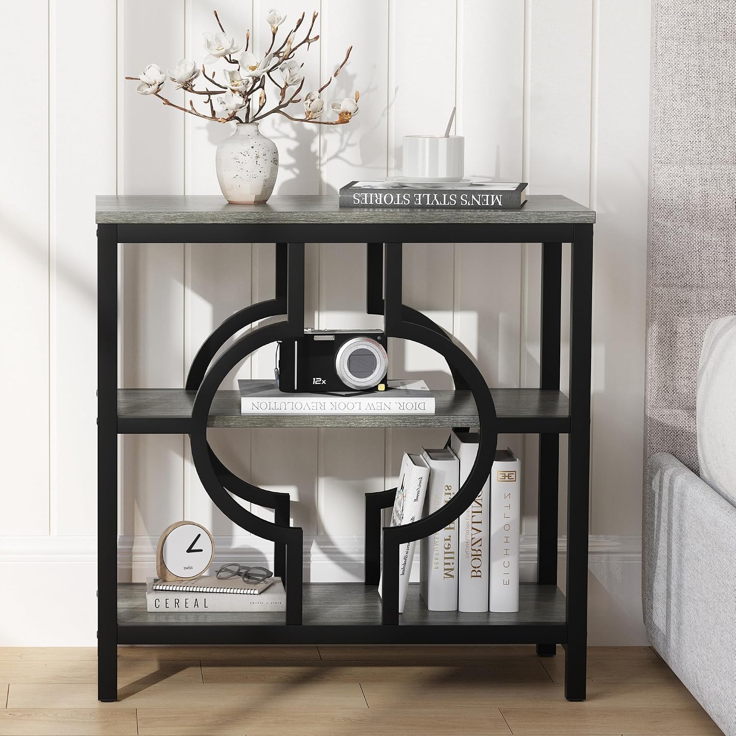End Table Set of 2, Narrow Side Table with 3-Tier Storage Shelves, Wood Sofa Side Table with Geometric Metal Frame for Living Room, Industrial Bedside Nightstand for Bedroom (Gray)