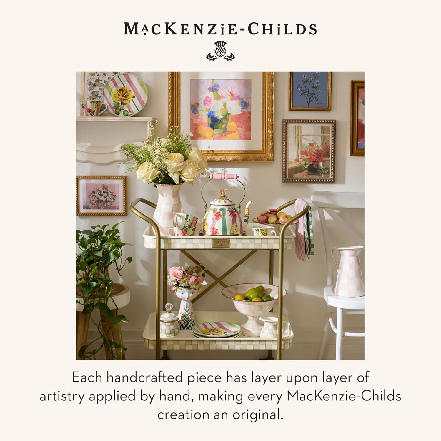 MACKENZIE-CHILDS Ceramic Lady Vase, Unique Flower Vase Decor, Bouquet Holder for Living Room, Short, Rosy Meadow