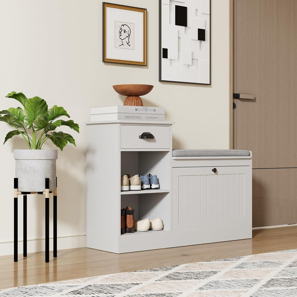 Shoe Storage Bench, Modern Wooden Shoe Cabinet with Flip Drawer and Adjustable Shelf, Entry Way Bench with Padded Seat Cushion for Entryway, Hallway, Living Room,Pebble Grey