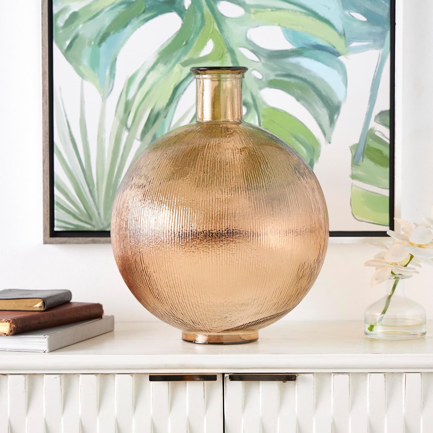 Deco 79 Recycled Glass Handmade Decorative Vase Spanish Bottle Neck Ribbed Centerpiece Vase, Flower Vase for Home Decoration 13" x 13" x 17", Brown