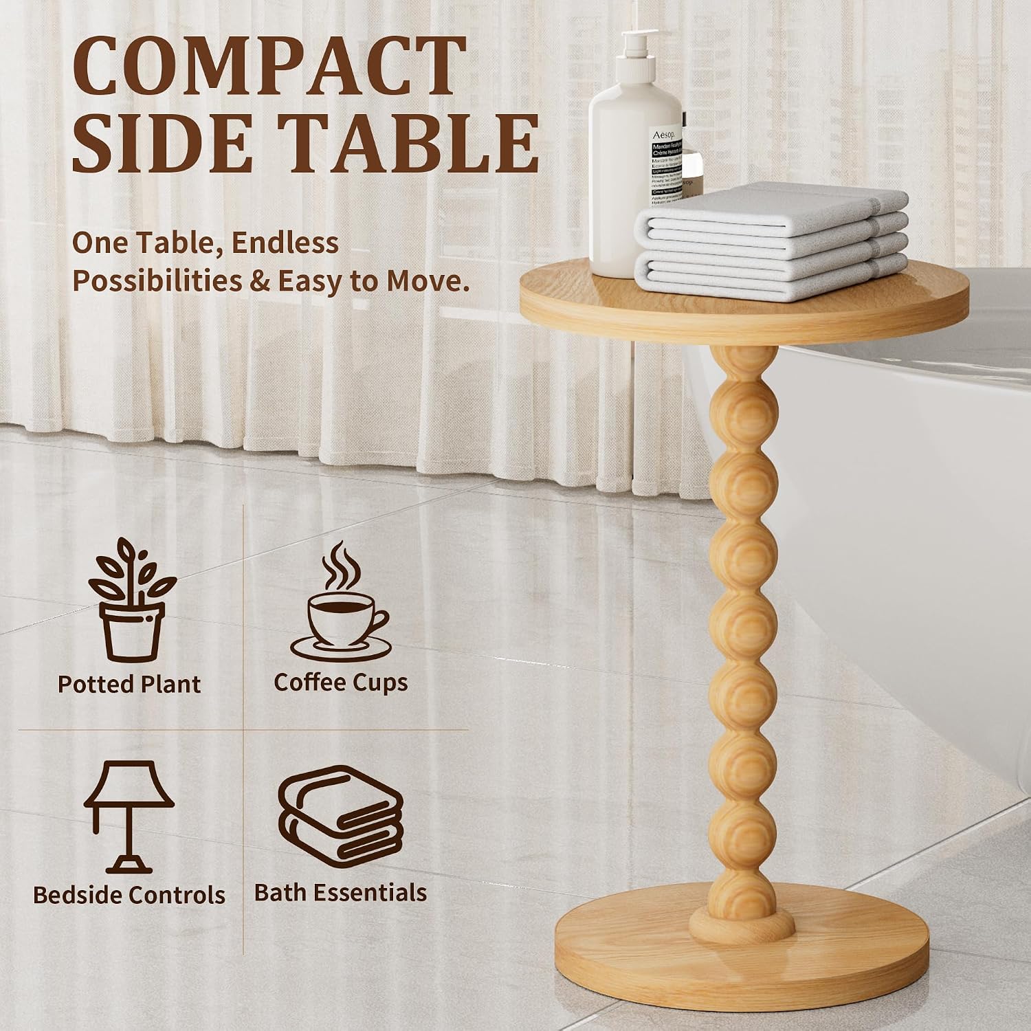 Round Side Table, Drink Table for Small Spaces, Modern Accent Nightstand with Rubberwood Leg for Living Room, Bedroom, Corners, and Office (1, Dark Natural)