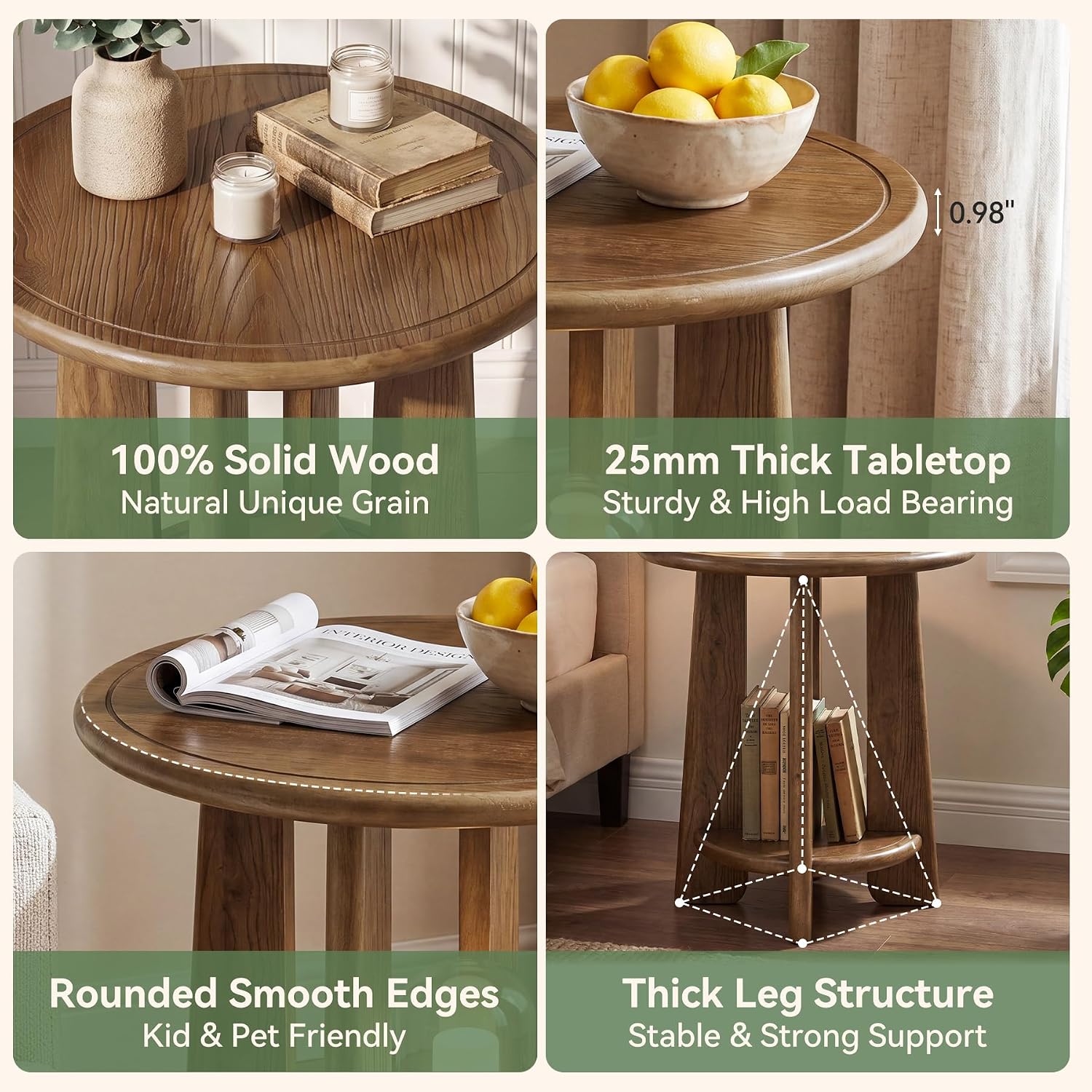 Solid Wood Side Table, 2-Tier Round Accent End Table, Bedside Nightstand with Shelf for Small Space, Living Room, Bedroom, Vintage, Easy Assembly