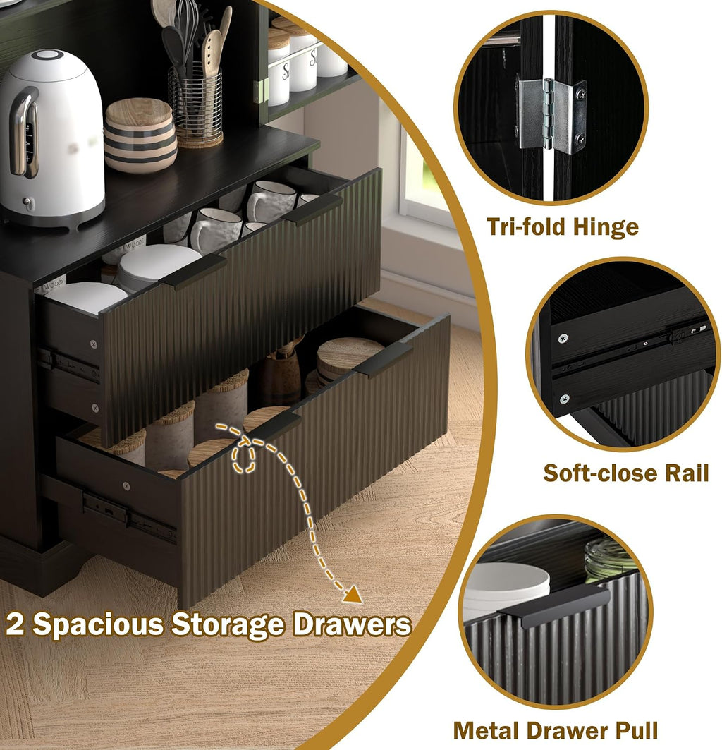 72" Modern Fluted Kitchen Pantry Cabinet with 2 Large Drawers & 8-Door Spice Rack, Freestanding Storage Organizer for Entryway, Dining Room, Office, and Bathroom (Black)