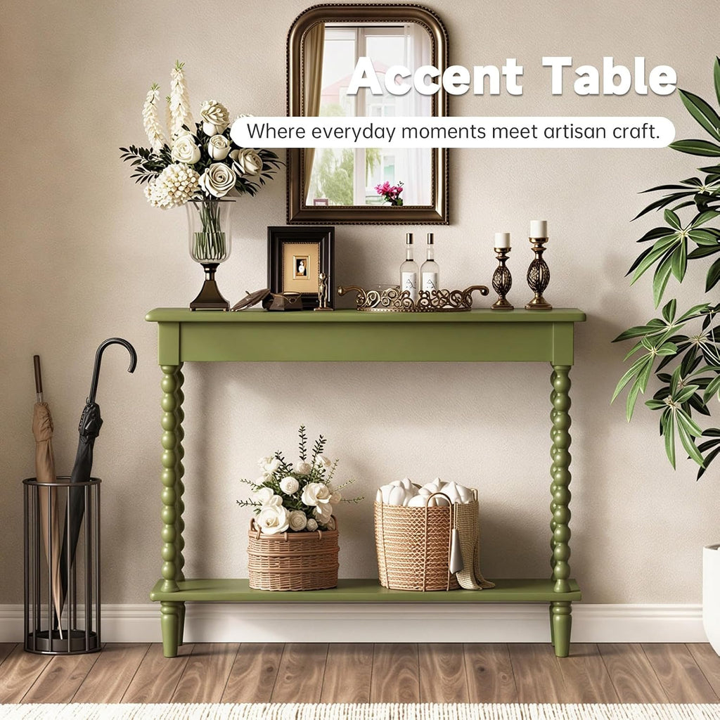 45'' Vintage Console Table, 100% Solid Wood Tall Entryway Table with 2-Tier Storage for Entrance, Hallway, Foyer, Living Room, Narrow Couch Table Behind Sofa, Minimal Assembly, Green