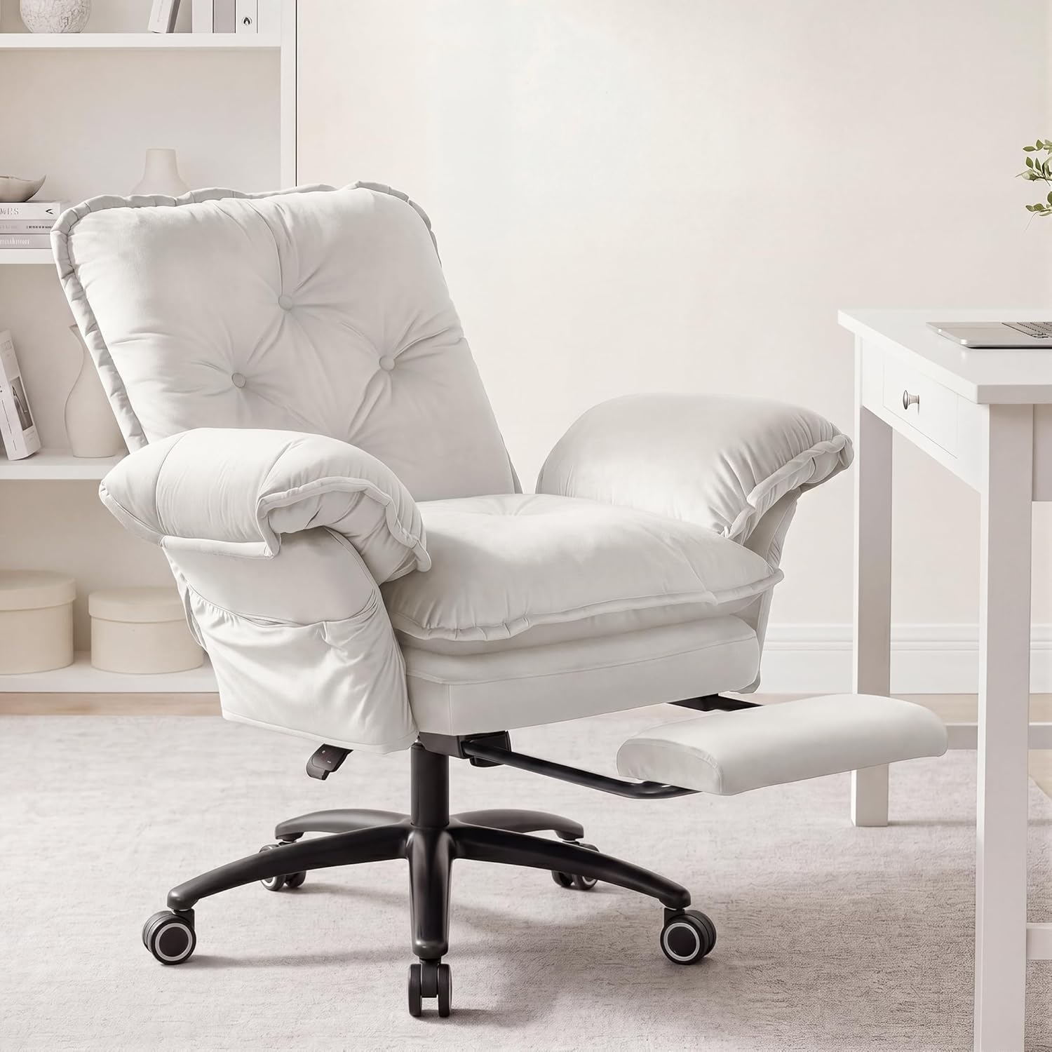 FiveWillowise Criss Cross Chair with Adjustable Arms and Foot Rest, Wide Seat Reclining Office Chair with Wheels, Makeup Vanity Chair with Side Pockets, Comfy Velvet Cross Legged Desk Chair, Beige