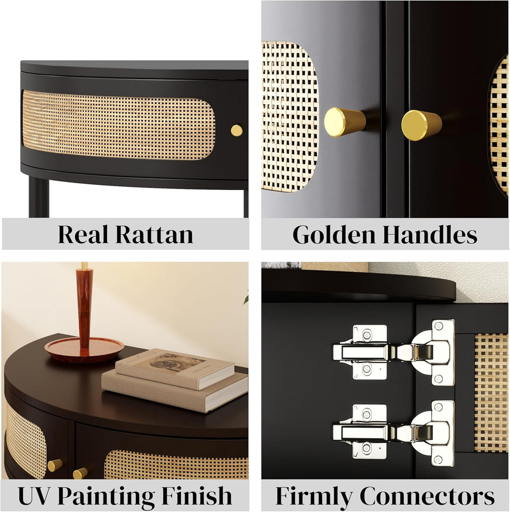 Half Moon Table – 32-Inch Unique Side Table, Half Moon Console Table & Half Round Entryway Table with Drawer, Polished Black Boho Design, Solid Wood+MDF for Living Room, Hallway