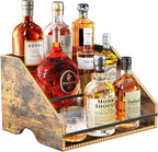 Nuovoware LED Lighted Liquor Bottle Display Shelf, 3 Step Wood Countertop Liquor Rack with Fences & Portable Handles, 12-Bottle Whiskey Rack Liquor Display Retro Wine Rack for Home Bar Party, Brown