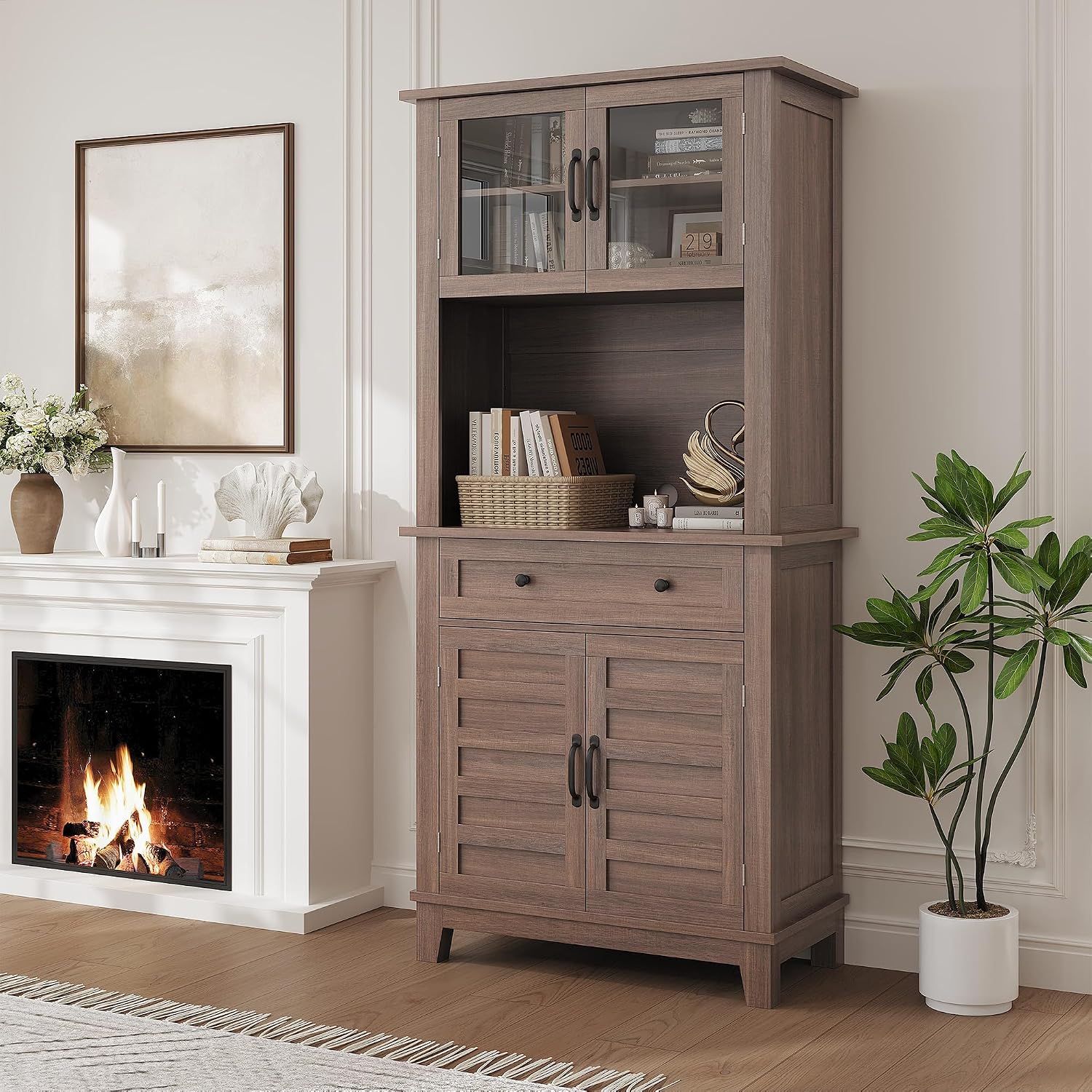 Garvee 72 in Tall Kitchen Pantry Cabinet, Kitchen Hutch Bar Cabinet with Microwave Stand, Cupboard with Drawers Glass Doors for Dining Room, Living Room, Brown