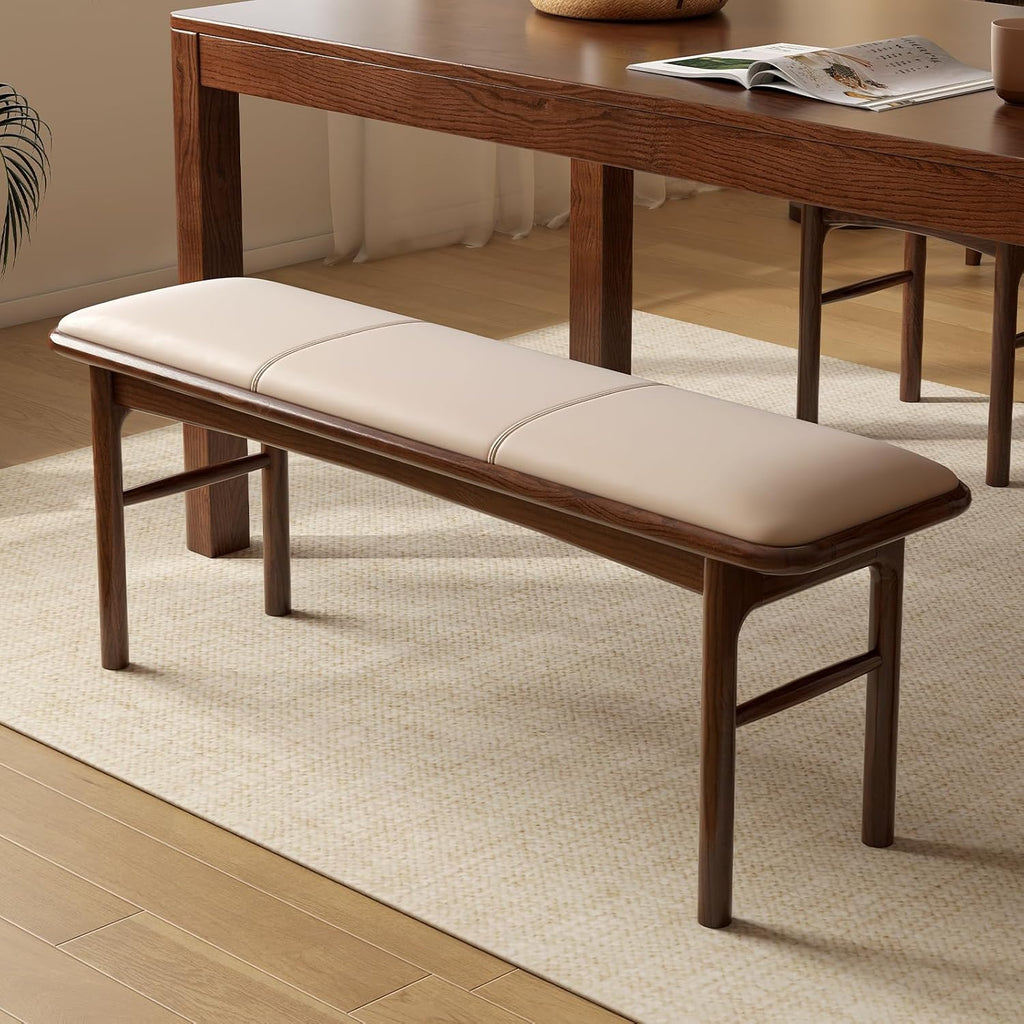 47" Solid Oak Dining Bench with Faux Leather Upholstered Seat, Mid Century Modern Entryway Bench, 13" Wide Padded Bed End Bench for Dining Room Kitchen Bedroom Hallway, Beige