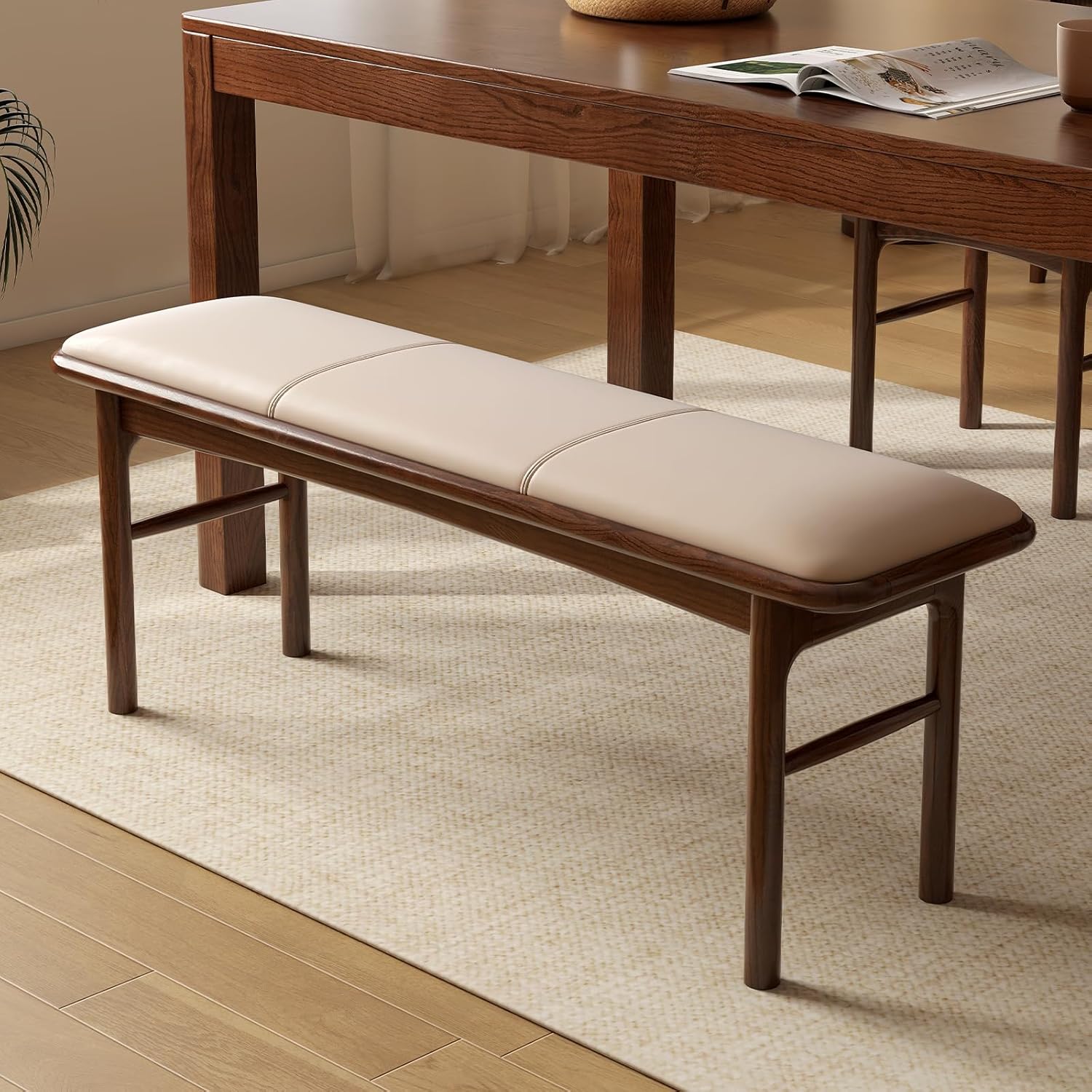 47" Solid Oak Dining Bench with Faux Leather Upholstered Seat, Mid Century Modern Entryway Bench, 13" Wide Padded Bed End Bench for Dining Room Kitchen Bedroom Hallway, Beige