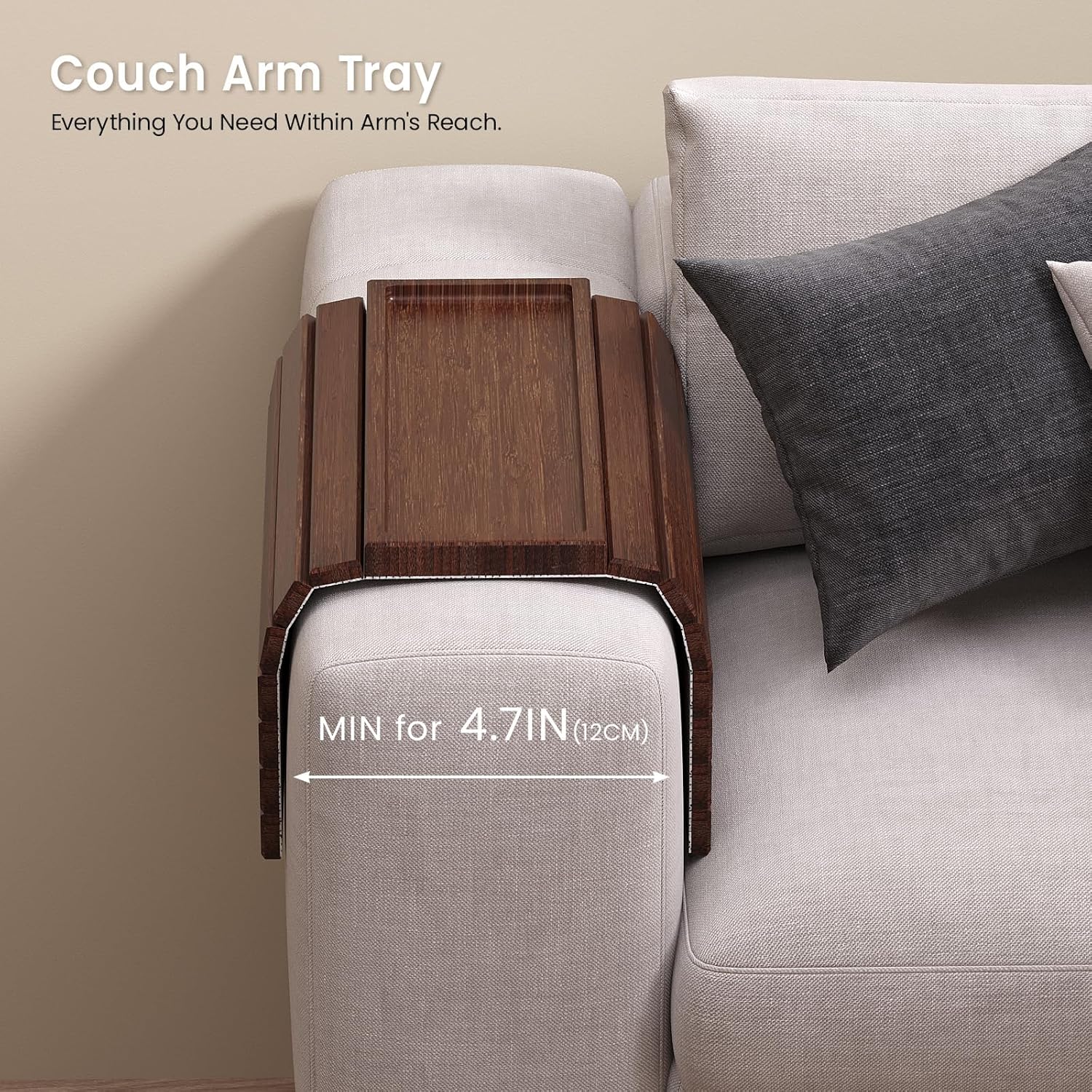 Sofa Arm Tray,Bamboo Folding Couch Arm Tray,Sofa Armrest Tray with Anti-Slip Pad for Drinks,Snacks,Phone,Remote Control（Brown）