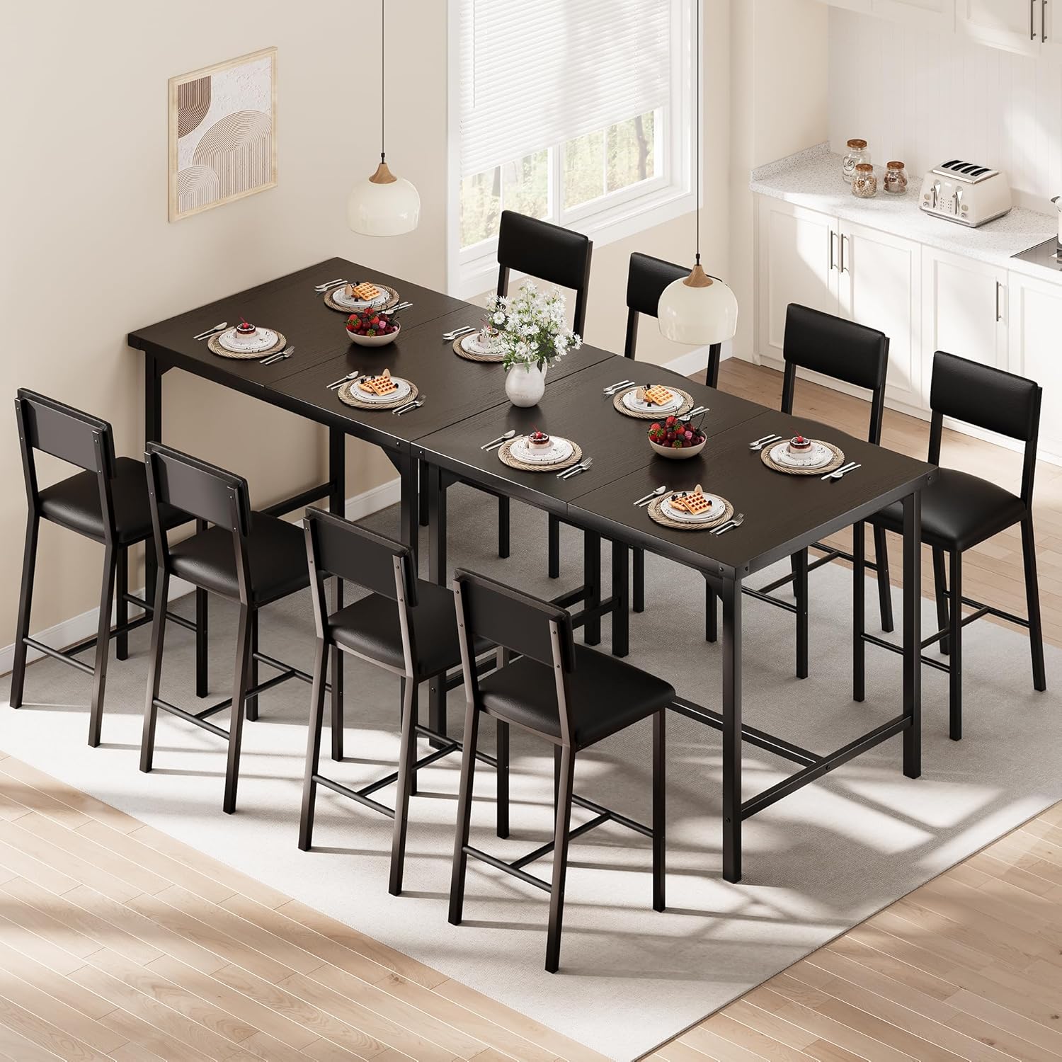 IDEALHOUSE Dining Table Set for 4 with Footrest & Corner Protector, Counter Height Table with 4 Upholstered Bar Stools, 5-Piece Kitchen Table Set, for Dining Room, Apartment, Pub, Rustic Black