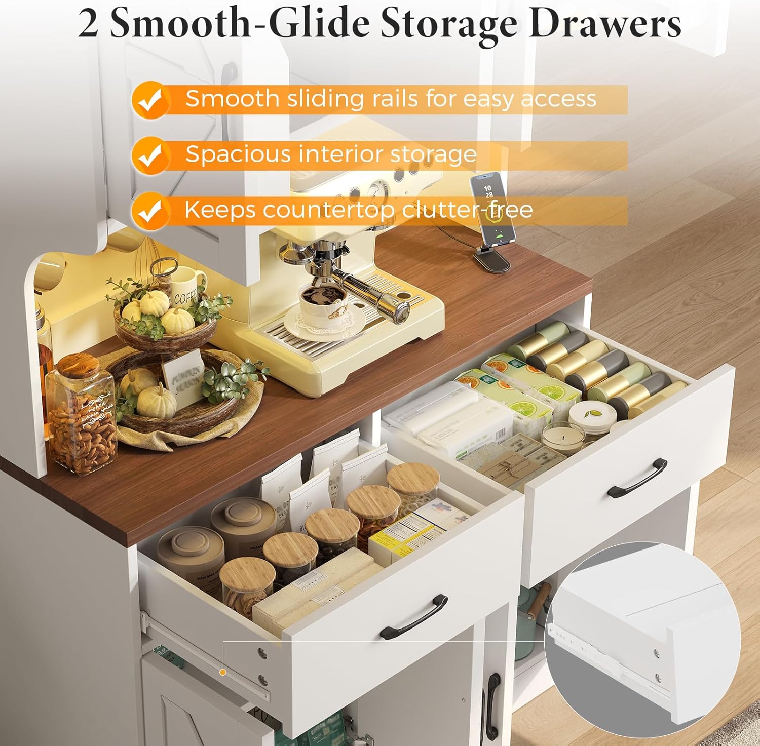 VK·LIVING 71" Kitchen Pantry Cabinet, Farmhouse Storage Cabinet with LED Lights & Charging Station, Coffee Bar Cabinet with Adjustable Shelves, 2 Drawers, Pegboard & Hooks, White