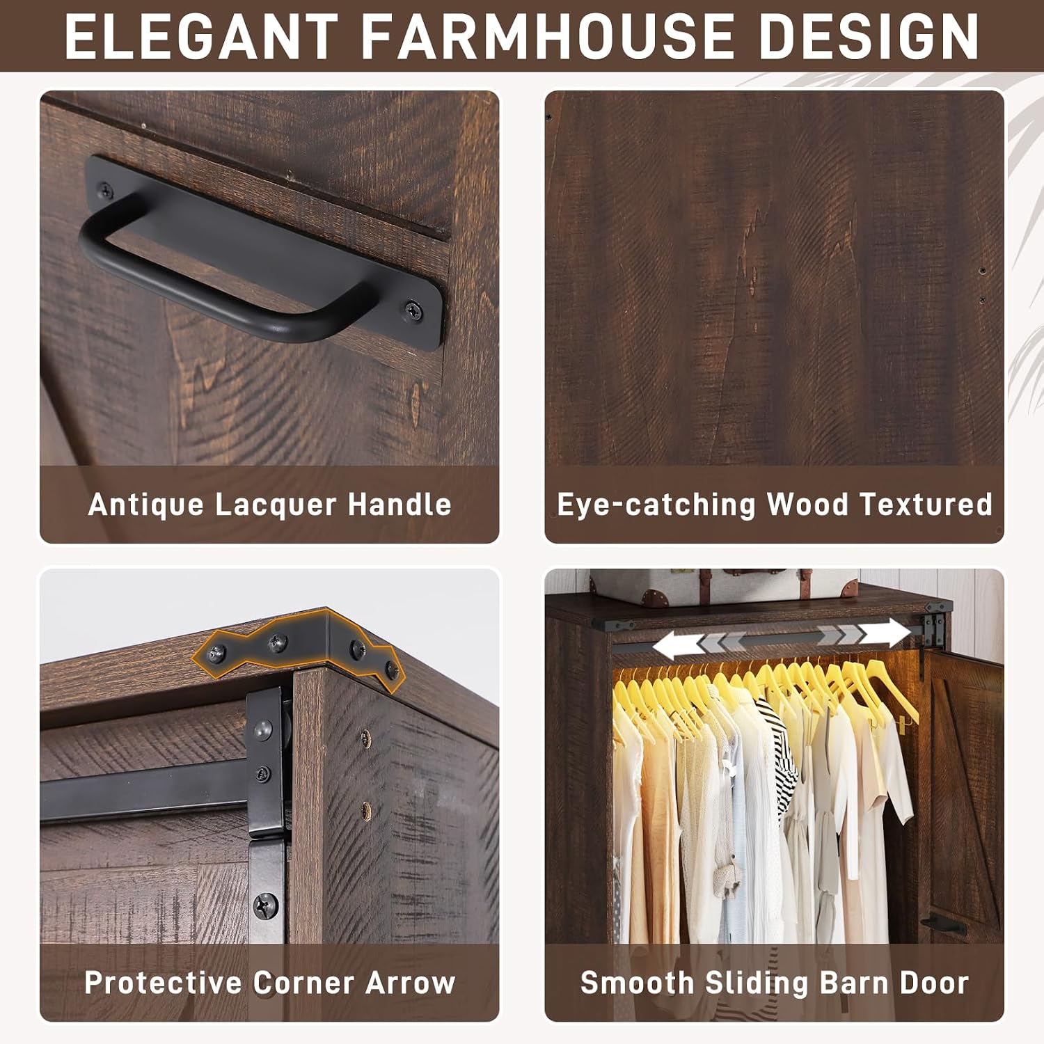 Farmhouse 2 Doors Armoire Wardrobe Closet w/ Folding Sliding Barn Door and Lights, LED Armoire Closet w/Drawers for Bedroom, Freestanding Wooden Wardrobe Storage Closet w/Hanging Rod,Rustic Brown