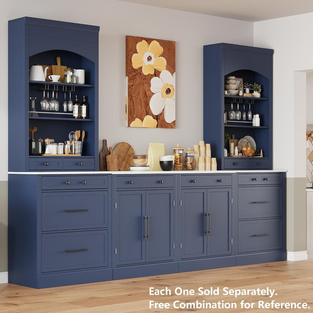 LUMISOL 83.7" Freestanding Tall Kitchen Pantry with 5 Drawers and Glass Holders, Modern Kitchens Storage Cabinet with Adjustable Shelf and Faux Marble Top, Wooden Kitchen Hutch, Blue
