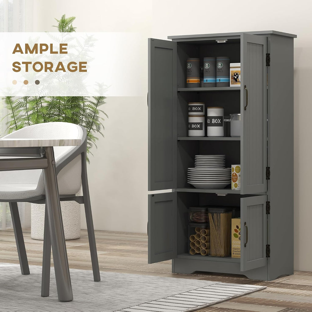 48.5" Kitchen Pantry Cabinet, Compact Farmhouse Storage Cabinet Organizer with 2 Adjustable Shelves and 4 Beadboard Doors for Dining Room, Gray,11.8 * 23.5 * 48.5