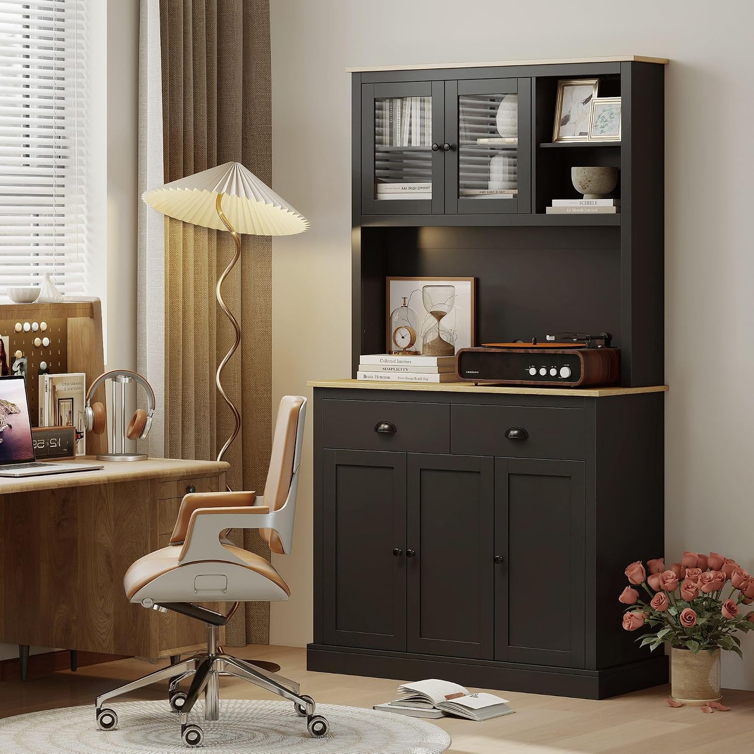 71in Freestanding Pantry Storage Cabinet with Premium Wide Countertop Specification, Adjustable Shelves Optimization, Black Modern Shade