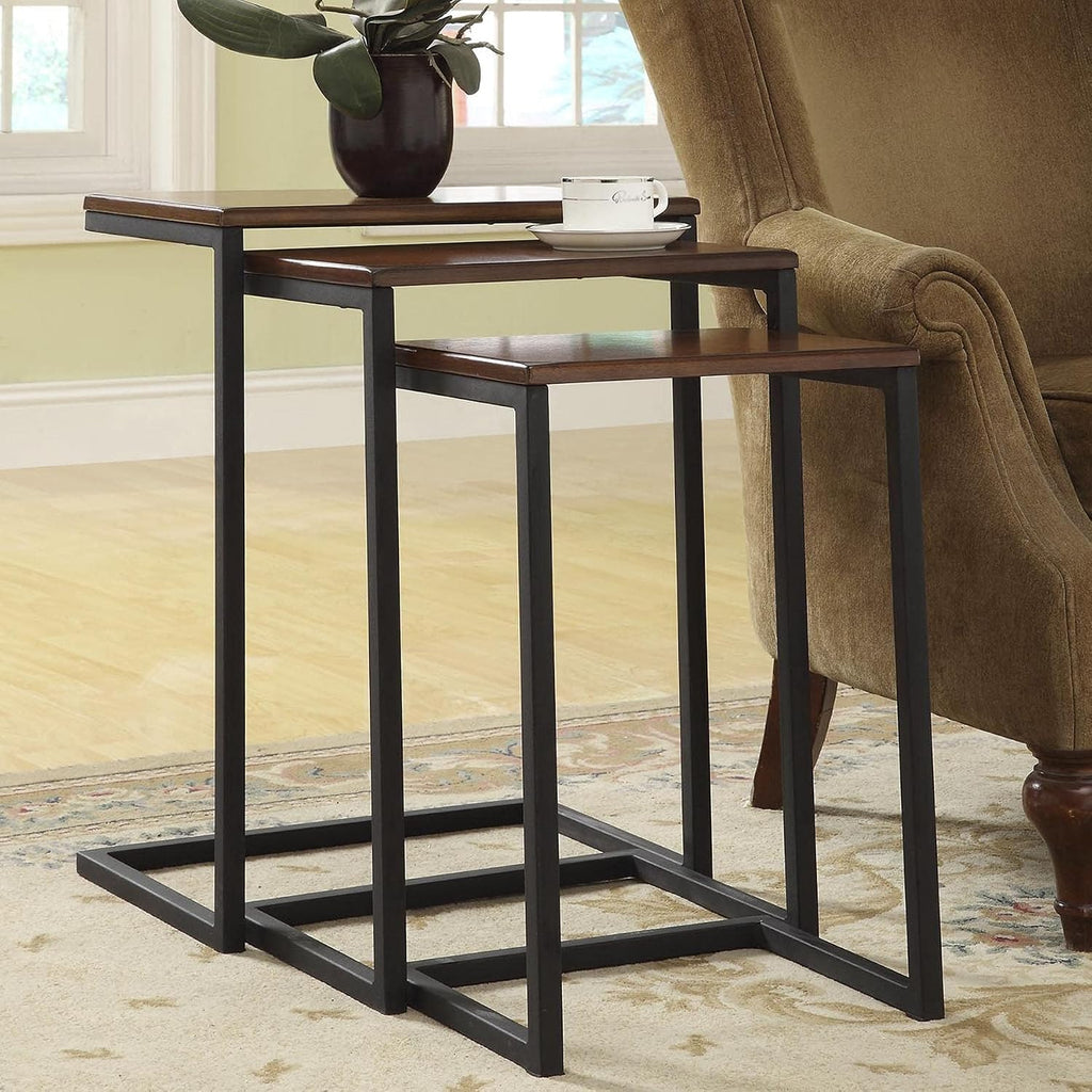 Carolina Chair & Table Rectangular 3-Piece Nesting Table Set - Chestnut Wooden Top Alloy Steel Frame Space-Saving Furniture, Modern Accent Tables for Living Room and Bedroom