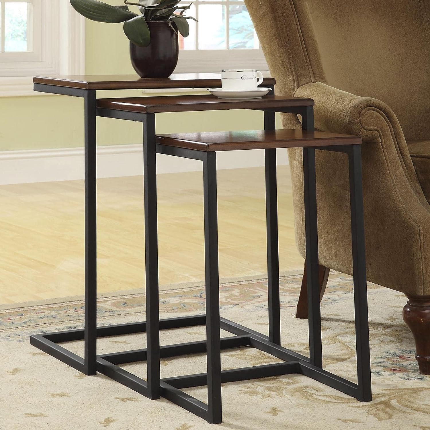 Carolina Chair & Table Rectangular 3-Piece Nesting Table Set - Chestnut Wooden Top Alloy Steel Frame Space-Saving Furniture, Modern Accent Tables for Living Room and Bedroom