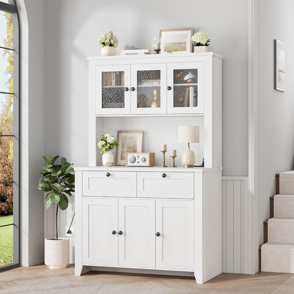 GAOMON 66" Tall Kitchen Pantry Cabinet, Modern Kitchen Hutch with Charging Station, Large Coffee Bar Storage Cabinet with Glass Doors and Drawers, White