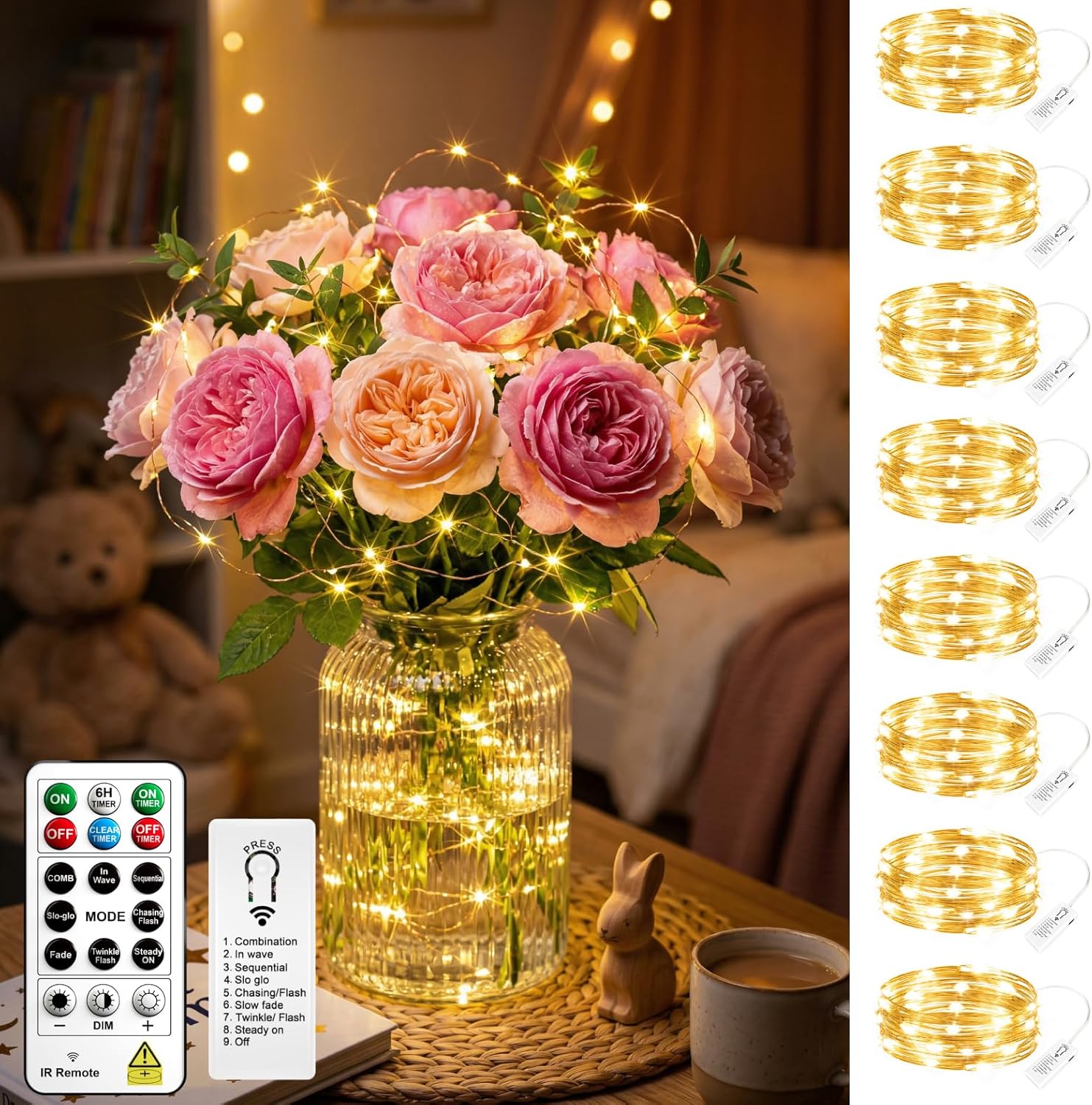 8 Pack Rechargeable LED Fairy Lights 7Ft 20LED Battery Operated with Remote, DIY Timer & 8 Modes, Mini Twinkle String Lights for Indoor Christmas Wedding Mason Jar Bedroom Table (Warm White)