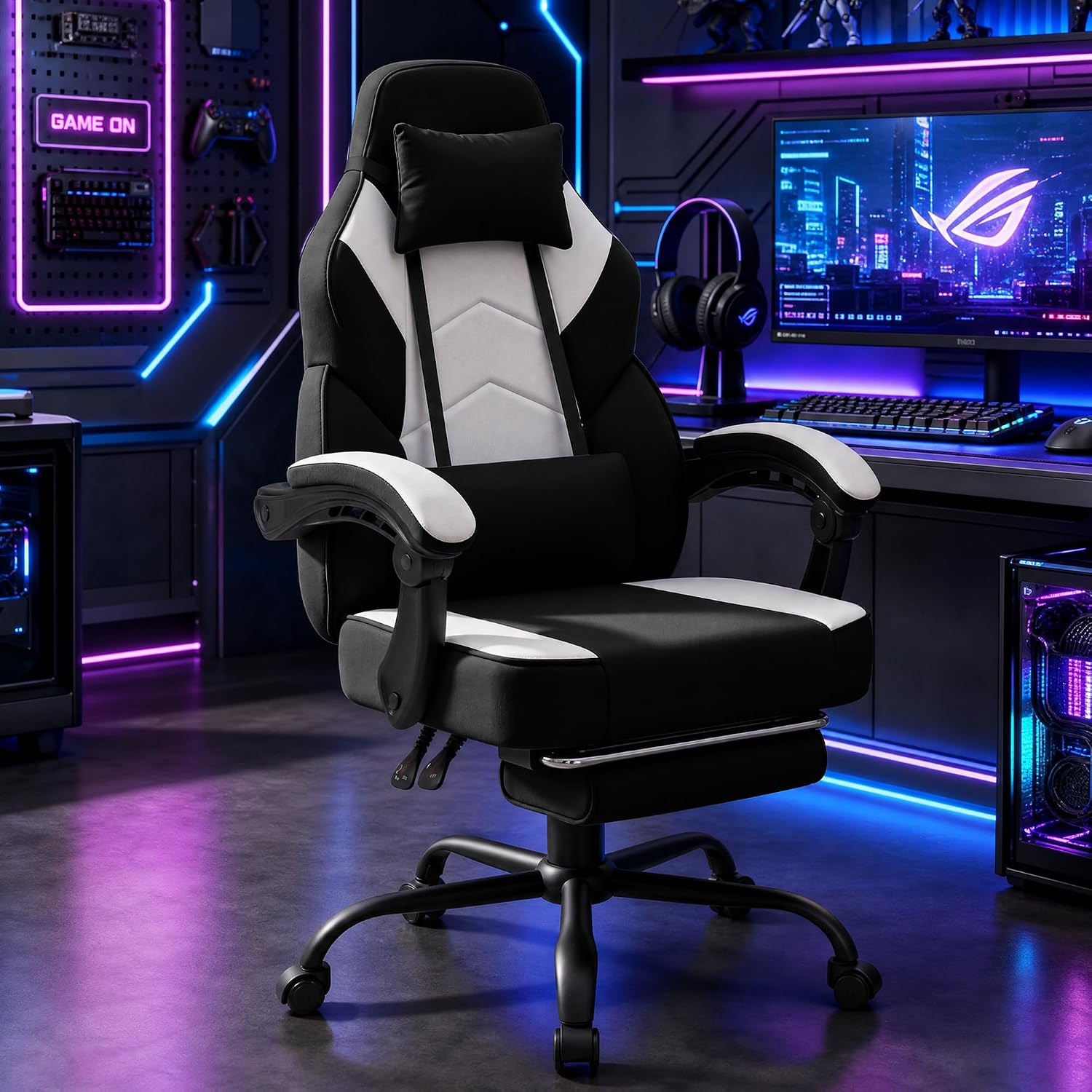 Gaming Chair with Footrest Fabric Gaming Chair for Adults with Massage Lumbar Support, High Back Ergonomic Computer Chair, Pocket Spring Cushion, 150°Reclining & Linkage Armrests, Black