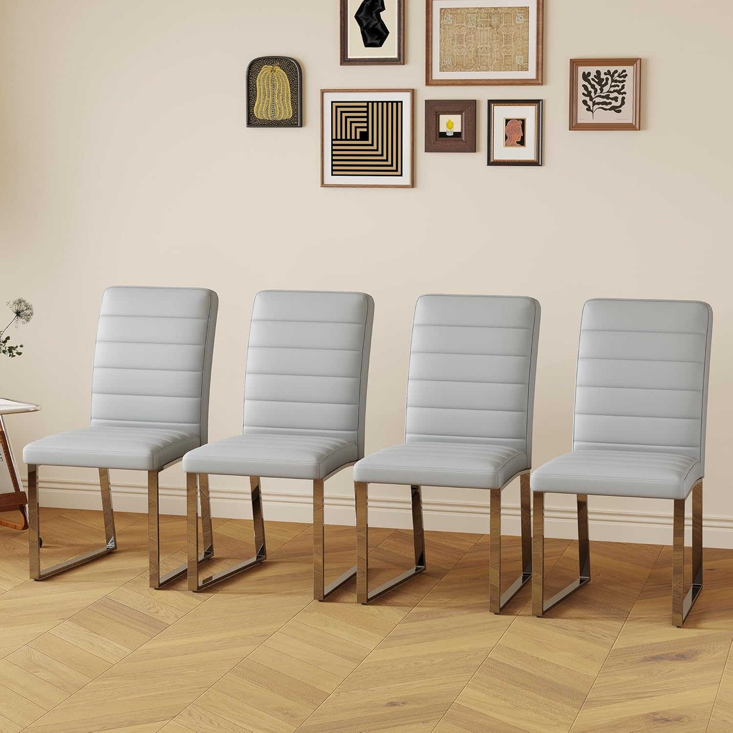 Modern Dining Chairs Set of 4, Grey Faux Leather Kitchen Chairs, Upholstered Armless Dining Room Chair with Silver Mental Legs Heavy Duty, Comfortable (Grey Chiars, Set of 4)