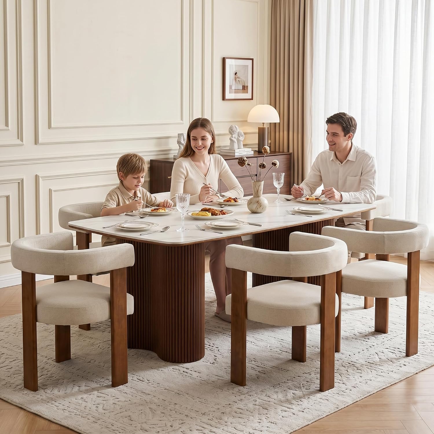Usaint Wooden Barrel Dining Chairs Set of 4, Mid-Century Modern Upholstered Dining Room Chairs with Walnut Wood Legs and Loop Back, Comfy Accent Arm Chair for Dining Room, Kitchen, Living Room, Beige