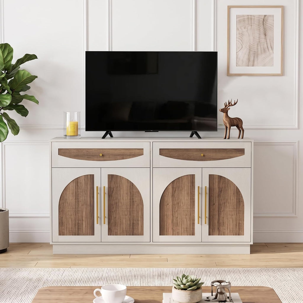 63'' Arched Door Sideboard Buffet Cabinet with Drawers, White and Natural | Modern Farmhouse, Two-tone, Removable Shelves, Metal Handle, Large Storage Space, Wooden Storage Cabinet, Coffee Bar Station