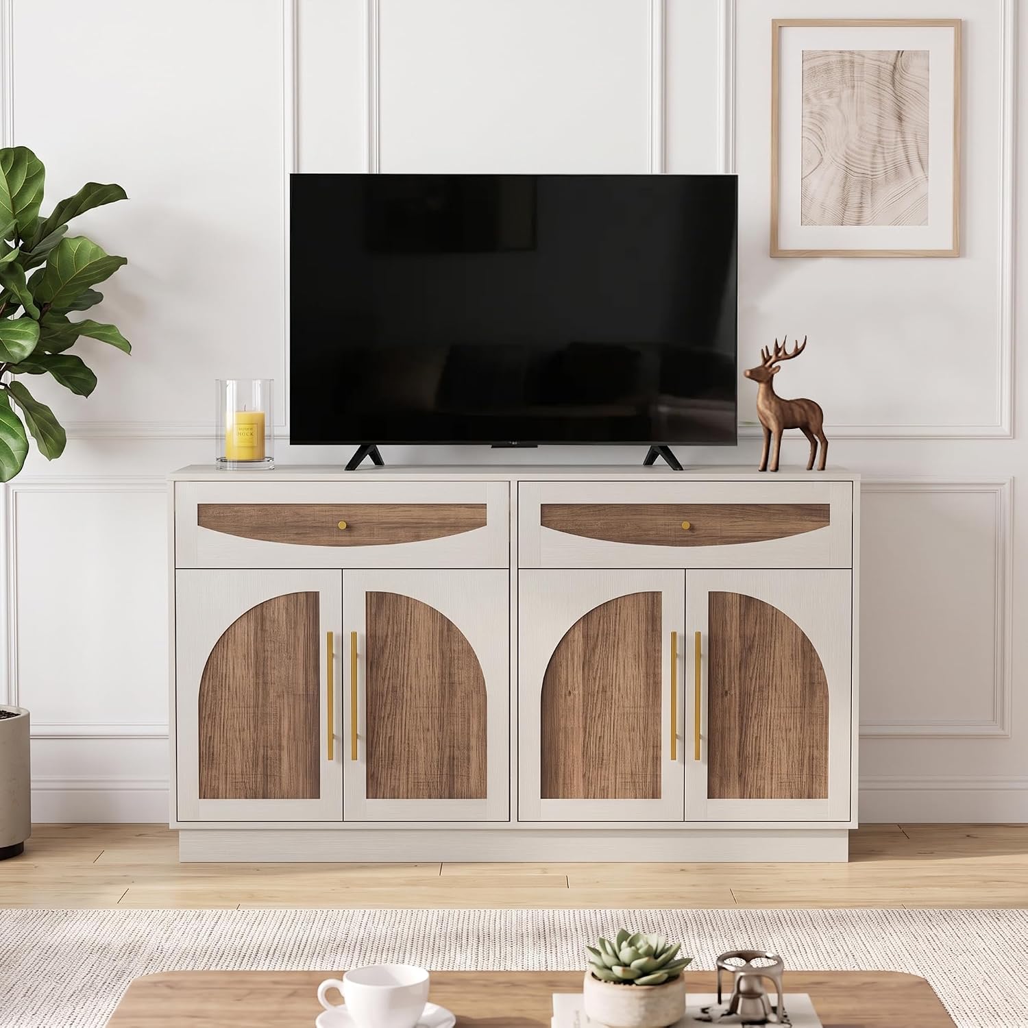63'' Arched Door Sideboard Buffet Cabinet with Drawers, White and Natural | Modern Farmhouse, Two-tone, Removable Shelves, Metal Handle, Large Storage Space, Wooden Storage Cabinet, Coffee Bar Station
