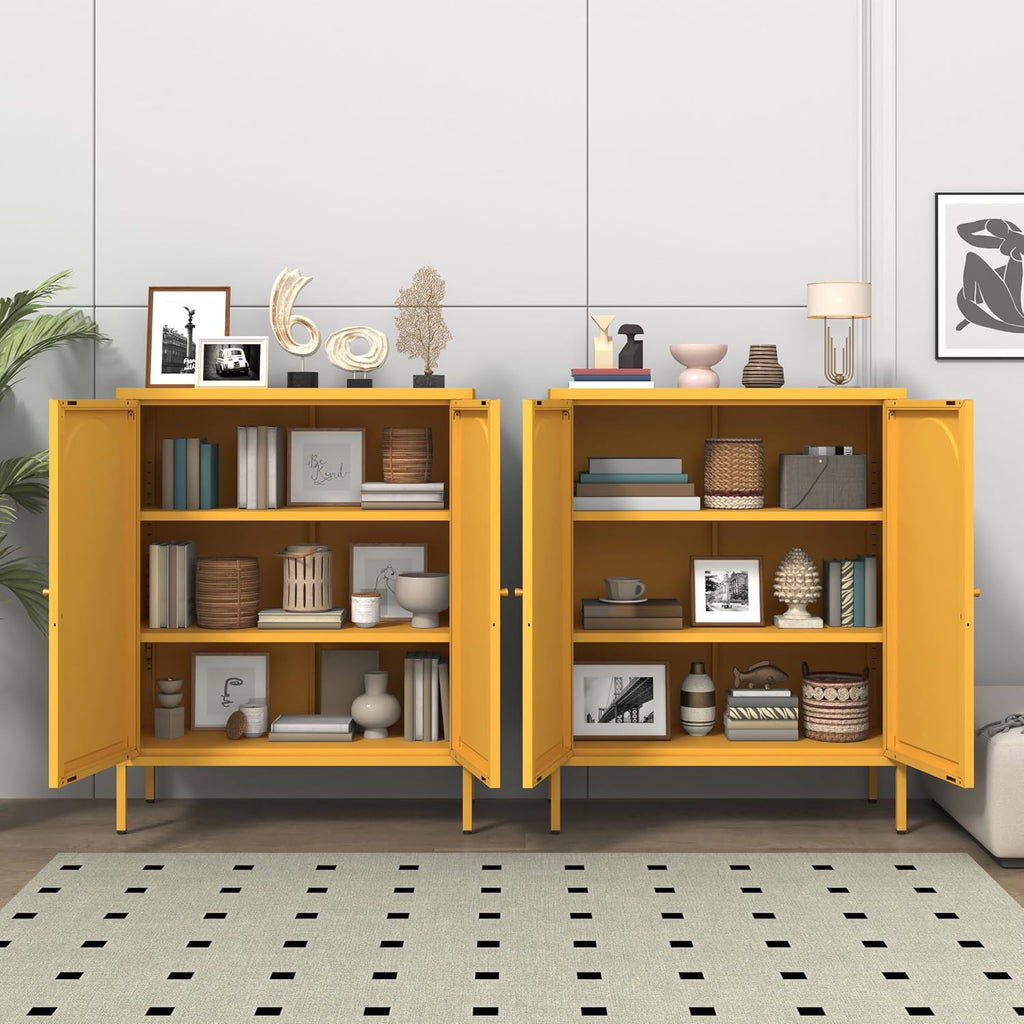 36" H Metal Sideboard Buffet Cabinet with Lockable Doors, Arched Door Design, 2 Adjustable Shelves, Cold-Rolled Steel Accent Storage Cabinet for Entryway, Living Room, Hallway Yellow
