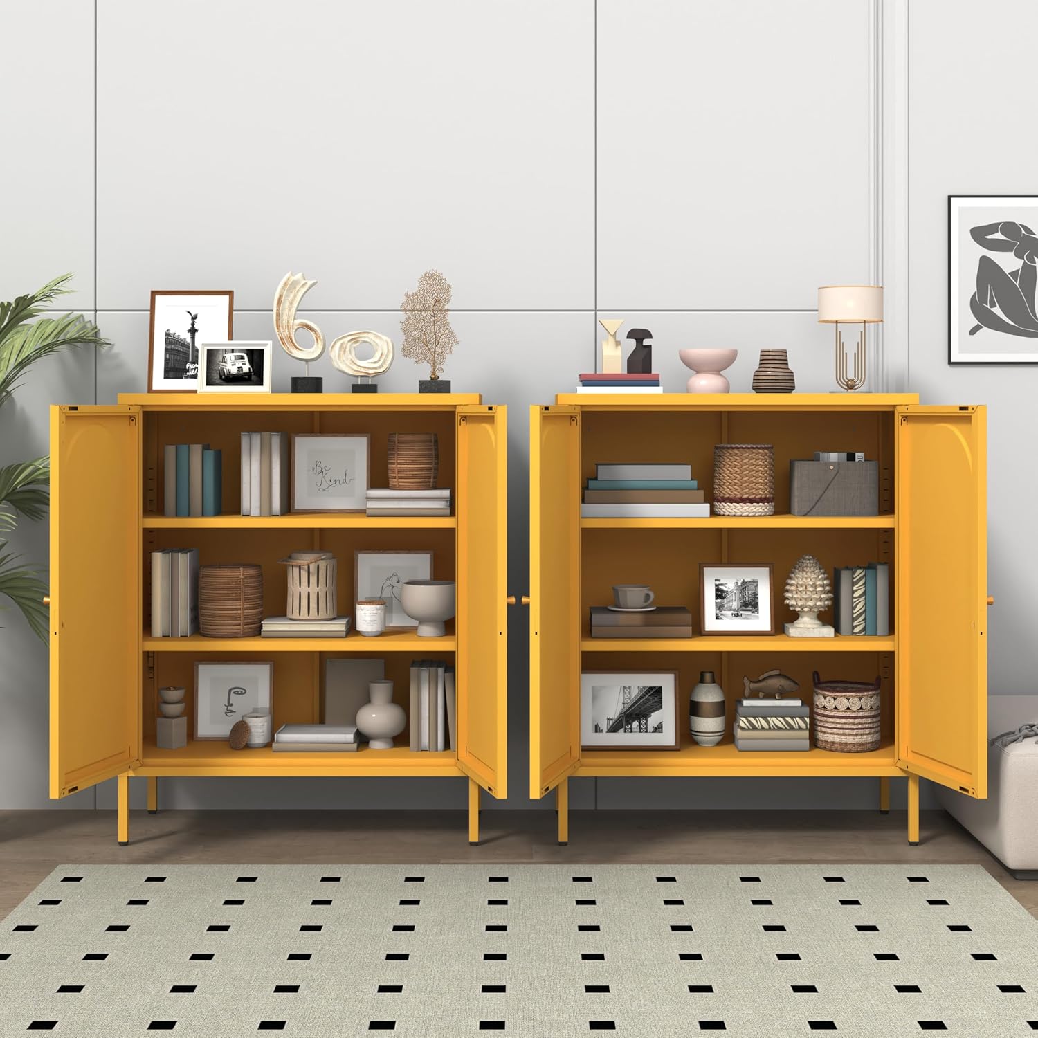 36" H Metal Sideboard Buffet Cabinet with Lockable Doors, Arched Door Design, 2 Adjustable Shelves, Cold-Rolled Steel Accent Storage Cabinet for Entryway, Living Room, Hallway Yellow