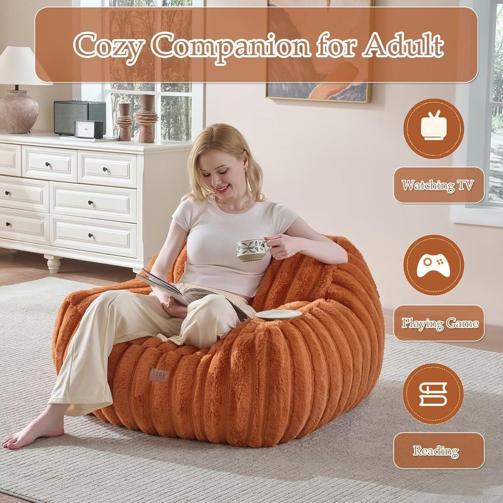 Giant Plush Bean Bag Chair for Adults with Armrests,Oversized Comfy Beanbag Lounge Lazy Floor Sofa Chair for Game Room,Living Room,Bedroom,Ultra Soft Mini Couch-Burnt Orange