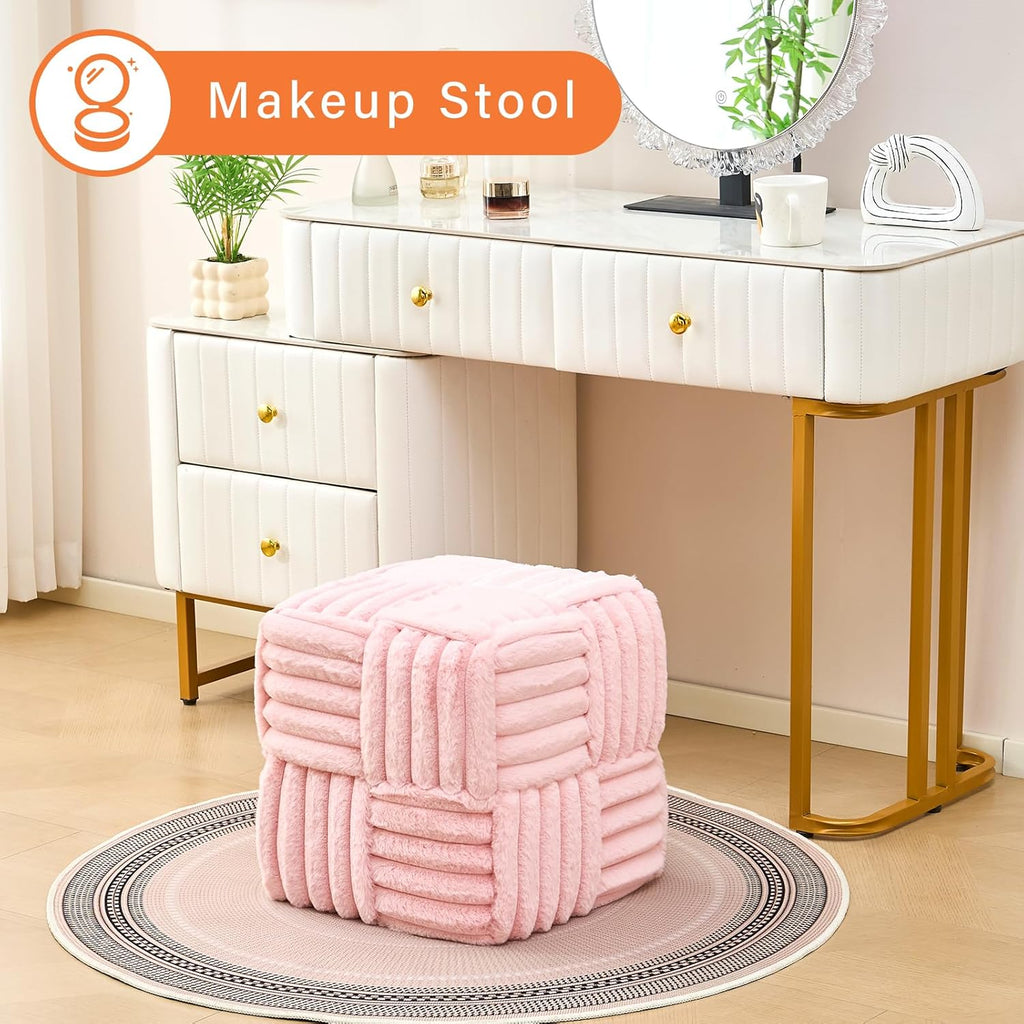 Faux Fur Ottoman Footrest 15.7" Square Vanity Stool, No Assembly Required, Soft Padded Seat for Bedroom, Living Room, Entryway (Pink)