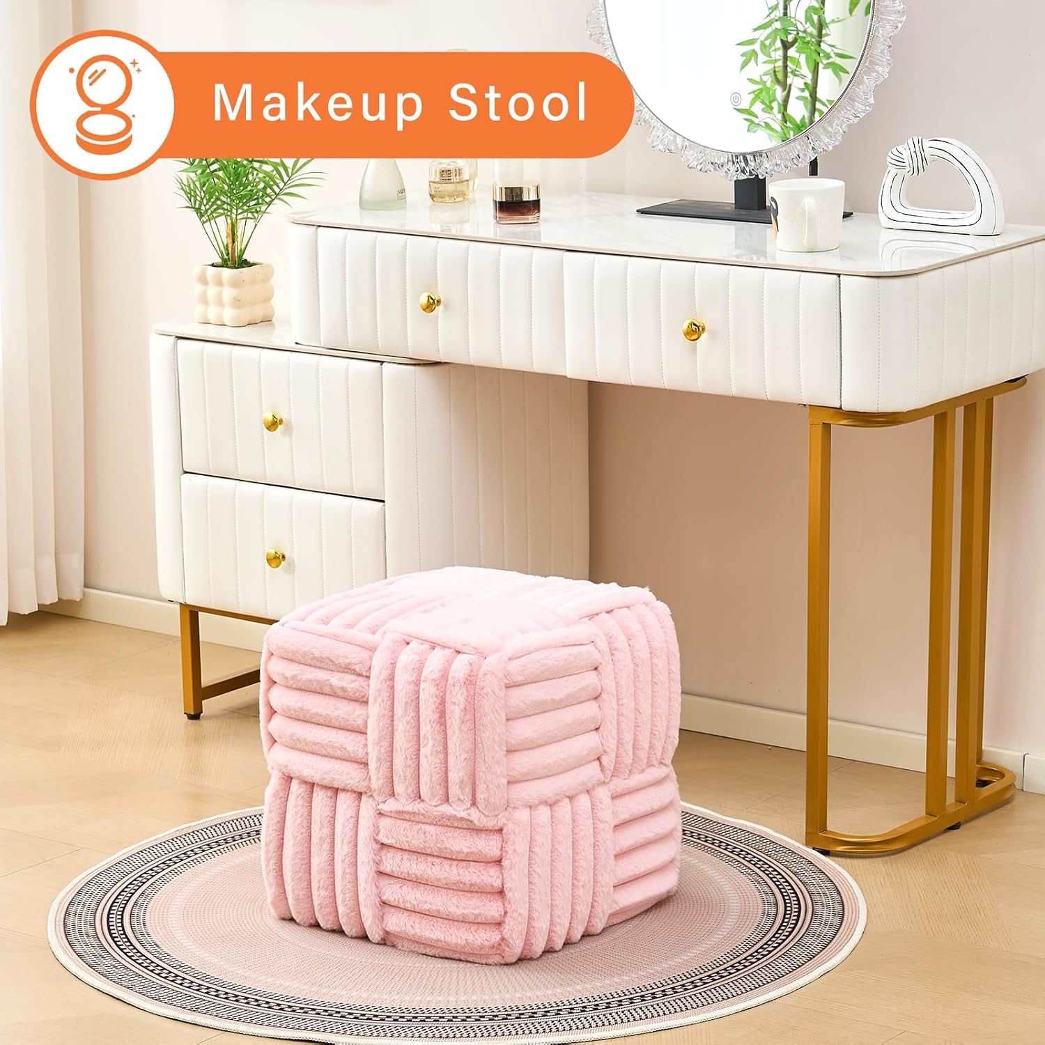 Faux Fur Ottoman Footrest 15.7" Square Vanity Stool, No Assembly Required, Soft Padded Seat for Bedroom, Living Room, Entryway (Pink)