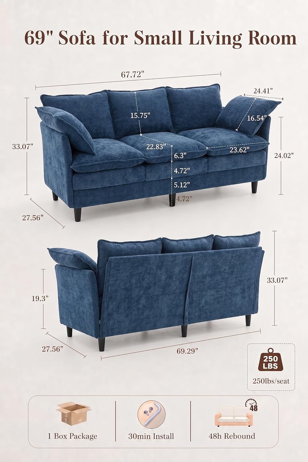 69 Inch Small Sofa, 3-Seater Loveseat Couch with Cloud 2 Layer Cushion, 22.8" Deep Seat, Oversized Pillows, Chenille Fabric, Compact for Small Spaces,Apartment, Living Room, Studio, Office, Blue