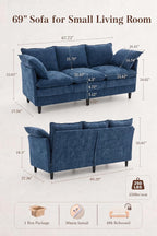 69 Inch Small Sofa, 3-Seater Loveseat Couch with Cloud 2 Layer Cushion, 22.8" Deep Seat, Oversized Pillows, Chenille Fabric, Compact for Small Spaces,Apartment, Living Room, Studio, Office, Blue