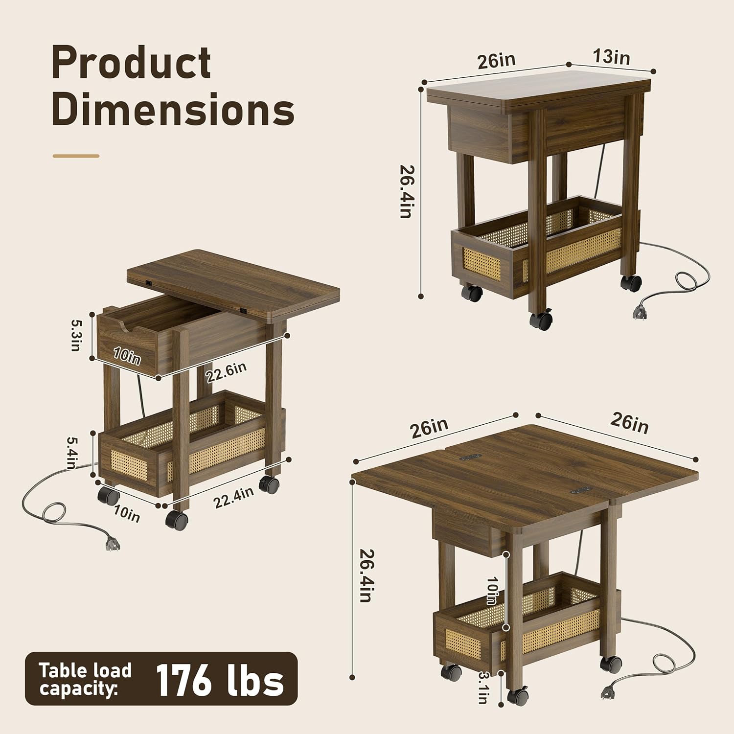 YOSHOOT Flip Top End Table with Charging Station, Narrow Side Table | 13" Wide, Rattan, Extensible Design, Small Table with Storage and Wheels, Suitable for Living Room Bedroom Apartment, Walnut