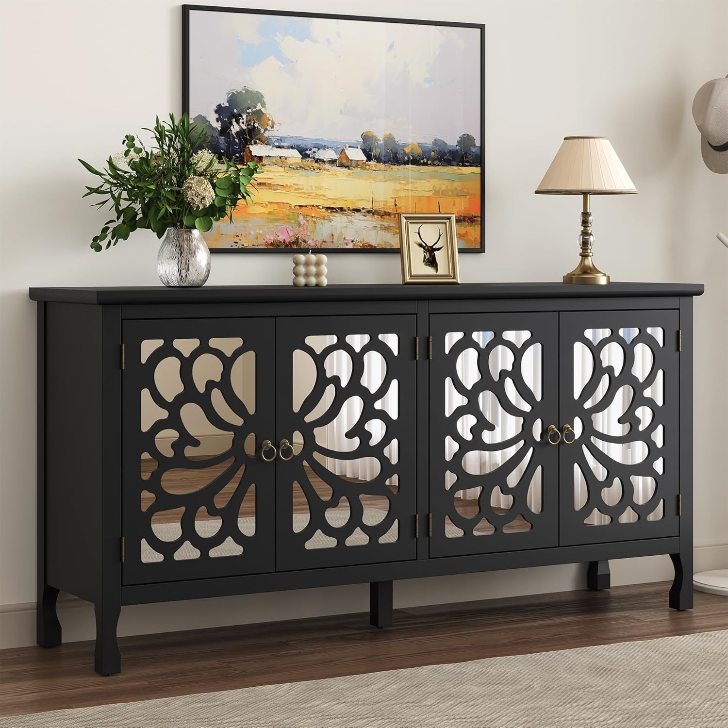 RoyalCraft 63'' Sideboard Buffet Cabinet with Storage, Accent Cabinet Credenza with 4 Doors and Adjustable Shelves, Vintage Media Console for Entryway, Living Room, Kitchen, Satin Black