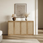 SICOTAS Rattan Sideboard Storage Cabinet - Boho Credenza Coffee Bar Cabinet with Doors & Adjustable Shelves, Large Farmhouse Buffet Console Table for Living Room, Kitchen, Entryway