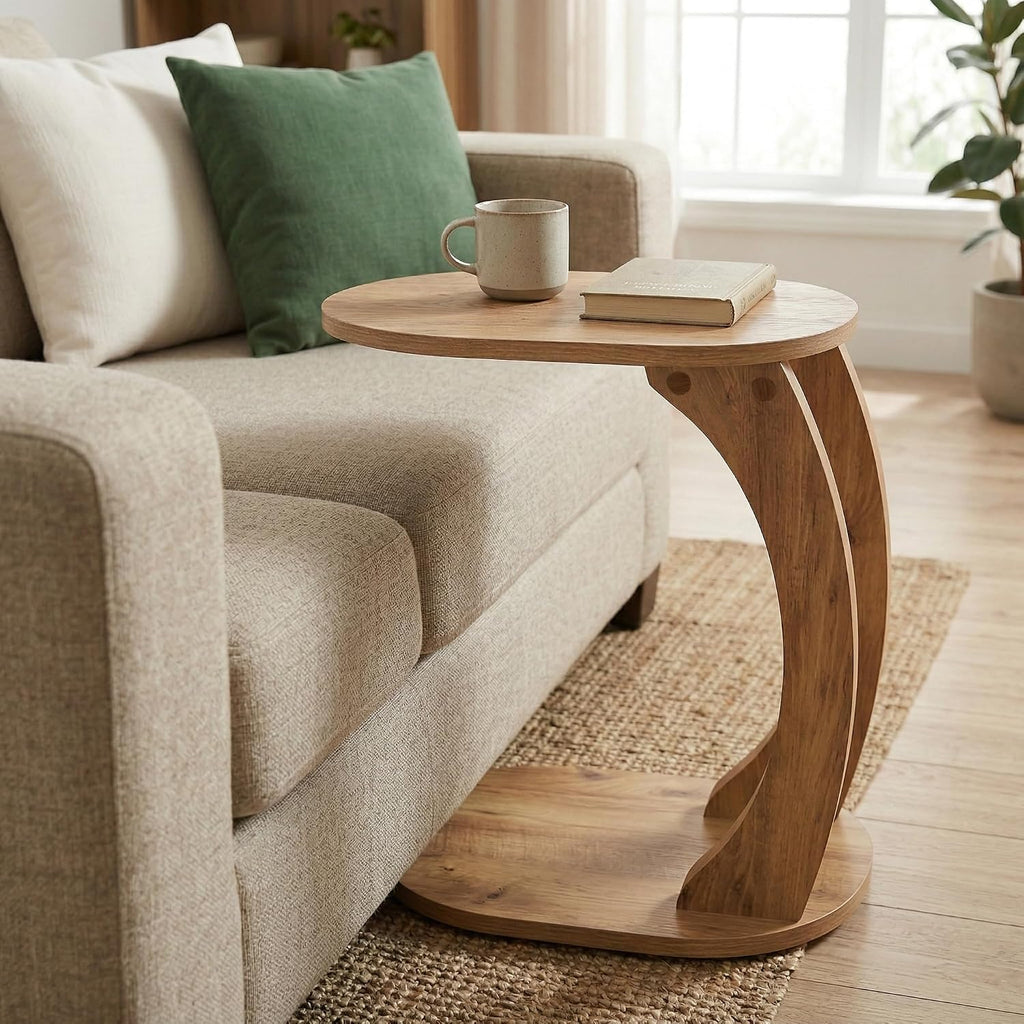 Modern Oval C-Shaped Side Table, Curved Wood End Table