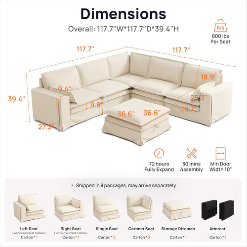 117.7" Washable Oversized Modular Sectional Sofa, Cloud Couch with Fully Removable Cover, Comfy Sectional Couches for Living Room, Performance Fabric, Beige, 6-Seater with Corner & Ottoman, V-Shaped